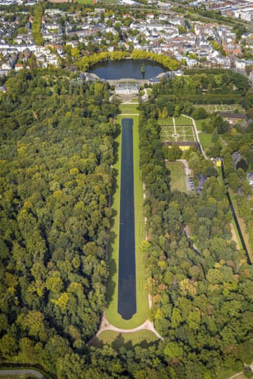 Aerial view, Benrath Castle with castle park and castle pond, Benrath, Düsseldorf, Ruhr area, North Rhine-Westphalia, Germany, DE, monument protection, Europe, aerial view, aerial photography, aerial photography, nature reserve, park, castle, pond, overview, bird's-eye view, bird's-eye view, overview