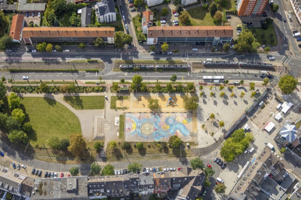 Aerial view, playground Kamper Acker, tram stop, Holthausen, Düsseldorf, Ruhr area, North Rhine-Westphalia, Germany, DE, Europe, stop, aerial view, aerial photography, aerial photography, playground, tram stop, overview, bird's-eye view, overview