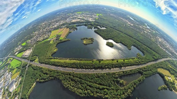 Aerial photo, Elbsee and Unterbacher See with forest area, motorway A46 at Hasseler Forst, earth globe, fisheye image, 360 degree image, tiny world, little planet, fisheye image, Hilden, Ruhr area, North Rhine-Westphalia, Germany, motorway, quarry pond, DE, Düsseldorf, Europe, fisheye lens, fisheye lens, little planet, aerial view, aerial photography, aerial photography, nature reserve, lake, road traffic, super wide angle lens, tiny world, overview, bird's eye view, globe, birds-eyes view, fisheye lens, green lung, insta360 camera, overview