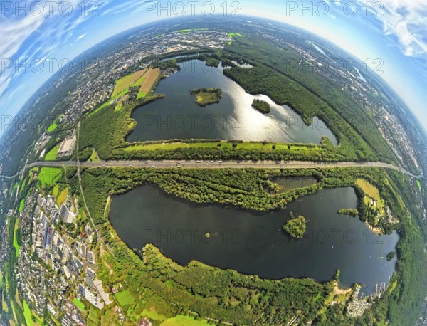 Aerial photo, Elbsee and Unterbacher See with forest area, motorway A46 at Hasseler Forst, earth globe, fisheye image, 360 degree image, tiny world, little planet, fisheye image, Hilden, Ruhr area, North Rhine-Westphalia, Germany, motorway, quarry pond, DE, Düsseldorf, Europe, fisheye lens, fisheye lens, little planet, aerial view, aerial photography, aerial photography, nature reserve, lake, road traffic, super wide angle lens, tiny world, overview, bird's eye view, globe, birds-eyes view, fisheye lens, green lung, insta360 camera, overview