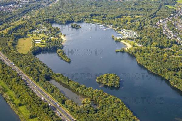 Aerial view, Unterbacher See with lido and campsite, sunny island, motorway A46, Unterbach, Düsseldorf, Ruhr area, North Rhine-Westphalia, Germany, motorway, DE, Europe, green trees, landscape, landscape forms, aerial view, aerial photography, aerial photography, lake, road traffic, overview, bird's eye view, birds-eyes view, green lung, overview