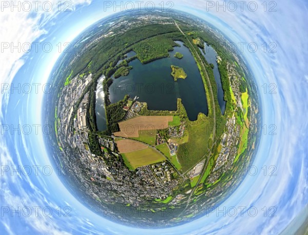 Aerial photo, Elbsee and Unterbacher See with forest area, motorway A46 at Hasseler Forst, earth globe, fisheye image, 360 degree image, tiny world, little planet, fisheye image, Hilden, Ruhr area, North Rhine-Westphalia, Germany, motorway, quarry pond, DE, Düsseldorf, Europe, fisheye lens, fisheye lens, little planet, aerial view, aerial photography, aerial photography, nature reserve, lake, road traffic, super wide angle lens, tiny world, overview, bird's eye view, globe, birds-eyes view, fisheye lens, green lung, insta360 camera, overview