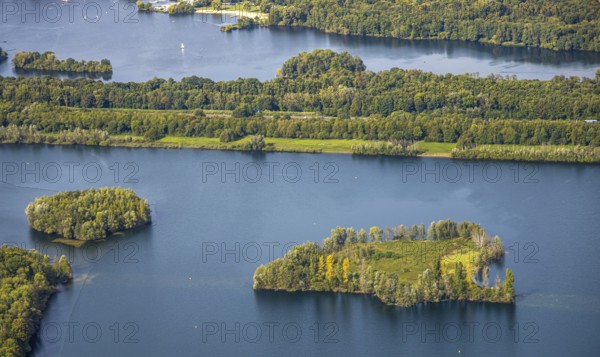 Aerial view, Elbsee and Elbsee Island, A46 motorway, Unterbach, Düsseldorf, Ruhr area, North Rhine-Westphalia, Germany