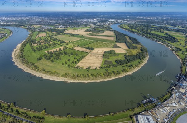 Aerial view, nature reserve Himmelgeister Rheinbogen, meadows and fields and green trees, Himmelgeist, Düsseldorf, Ruhr area, North Rhine-Westphalia, Germany, DE, Europe, LSG landscape conservation area, landscape conservation area, aerial photograph, aerial photography, aerial photography, overview, bird's-eye view, birds-eyes view, overview