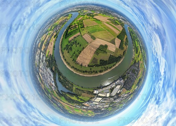 Aerial view, Himmelgeister Rheinbogen nature reserve, agricultural areas, river Rhine, earth globe, fisheye image, 360 degree image, tiny world, little planet, fisheye image, Uedesheim, Neuss, Ruhr area, North Rhine-Westphalia, Germany, DE, Düsseldorf, Europe, fisheye lens, fisheye lens, Little Planet, aerial photography, aerial photography, super wide angle lens, Tiny World, overview, bird's eye view, globe, meadows and fields, birds-eyes view, fisheye lens, insta360 camera, overview