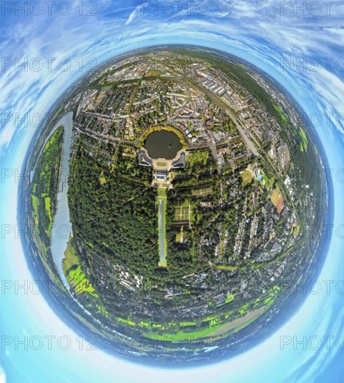Aerial view, Benrath Castle with castle park and castle pond, globe, fisheye image, 360 degree image, tiny world, little planet, fisheye image, Benrath, Düsseldorf, Ruhr area, North Rhine-Westphalia, Germany, DE, Europe, fisheye lens, fisheye lens, little planet, aerial view, aerial photography, aerial photography, park, castle, super wide angle lens, tiny world, overview, bird's eye view, globe, birds-eyes view, fisheye lens, insta360 camera, overview