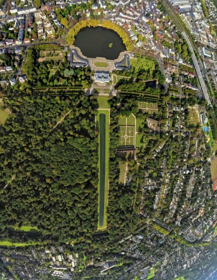Aerial view, Benrath Castle with castle park and castle pond, globe, fisheye image, 360 degree image, tiny world, little planet, fisheye image, Benrath, Düsseldorf, Ruhr area, North Rhine-Westphalia, Germany, DE, Europe, fisheye lens, fisheye lens, little planet, aerial view, aerial photography, aerial photography, park, castle, super wide angle lens, tiny world, overview, bird's eye view, globe, birds-eyes view, fisheye lens, insta360 camera, overview