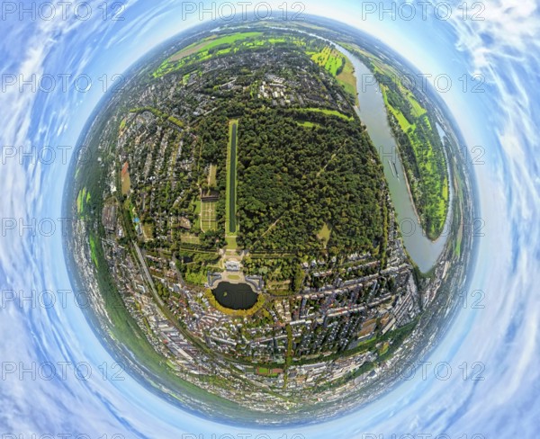 Aerial view, Benrath Castle with castle park and castle pond, globe, fisheye image, 360 degree image, tiny world, little planet, fisheye image, Benrath, Düsseldorf, Ruhr area, North Rhine-Westphalia, Germany, DE, Europe, fisheye lens, fisheye lens, little planet, aerial view, aerial photography, aerial photography, park, castle, super wide angle lens, tiny world, overview, bird's eye view, globe, birds-eyes view, fisheye lens, insta360 camera, overview