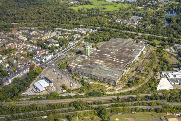 Aerial view, Rheinbahn depot Benrath, Benrath, Düsseldorf, Ruhr area, North Rhine-Westphalia, Germany, DE, Europe, commercial enterprise, commercial area, commercial area, commercial property, commercial site, commercial use, industrial site, aerial view, aerial photography, aerial photography, overview, bird's-eye view, overview