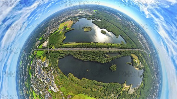 Aerial photo, Elbsee and Unterbacher See with forest area, motorway A46 at Hasseler Forst, earth globe, fisheye image, 360 degree image, tiny world, little planet, fisheye image, Hilden, Ruhr area, North Rhine-Westphalia, Germany, motorway, quarry pond, DE, Düsseldorf, Europe, fisheye lens, fisheye lens, little planet, aerial view, aerial photography, aerial photography, nature reserve, lake, road traffic, super wide angle lens, tiny world, overview, bird's eye view, globe, birds-eyes view, fisheye lens, green lung, insta360 camera, overview