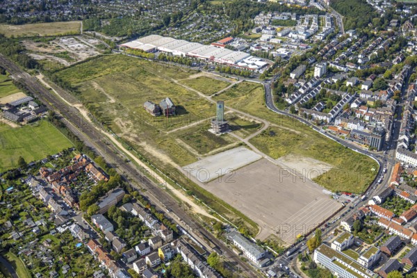 Aerial view, glassmaking quarter, historical sight of a former colliery, construction site with new building for green and urban neighbourhood, formerly Gerresheimer Glashütte, Gerresheim, Düsseldorf, Ruhr area, North Rhine-Westphalia, Germany, DE, Europe, aerial view, aerial photography, overview, bird's-eye view, overview