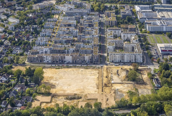 Aerial view, construction site and new building, residential area Grafental, Hohenzollernallee, Flingern, Düsseldorf, Ruhr area, North Rhine-Westphalia, Germany, DE, Europe, property tax, real estate, aerial view, aerial photography, aerial photography, overview, bird's-eye view, residential complex, living and living, residential area, residential quality, residential neighbourhood, housing estate, residential area, birds-eyes view, overview