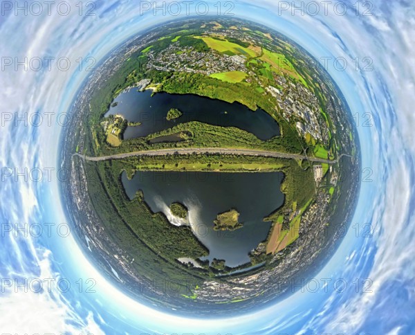 Aerial photo, Elbsee and Unterbacher See with forest area, motorway A46 at Hasseler Forst, earth globe, fisheye image, 360 degree image, tiny world, little planet, fisheye image, Hilden, Ruhr area, North Rhine-Westphalia, Germany, motorway, quarry pond, DE, Düsseldorf, Europe, fisheye lens, fisheye lens, little planet, aerial view, aerial photography, aerial photography, nature reserve, lake, road traffic, super wide angle lens, tiny world, overview, bird's eye view, globe, birds-eyes view, fisheye lens, green lung, insta360 camera, overview