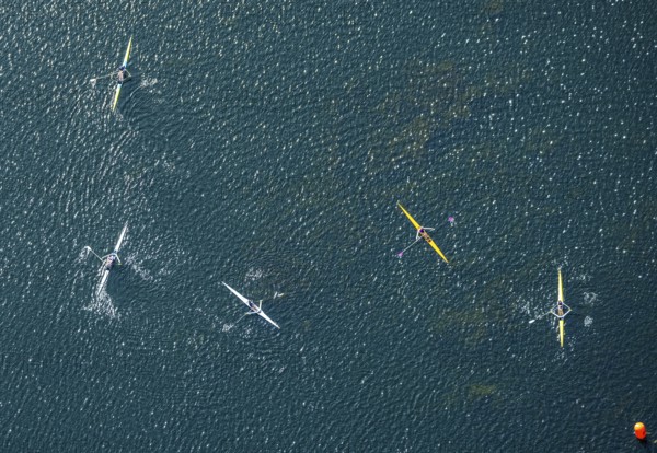 Aerial photo, canoeist on the Unterbacher See, shapes and colours, Unterbach, Düsseldorf, Ruhr area, North Rhine-Westphalia, Germany, boats, DE, Europe, canoe, aerial photography, aerial photography, aerial photography, sports, overview, bird's eye view, birds-eyes view, overview, rowing