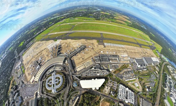 Aerial photo, DUS Airport Düsseldorf with reception building, globe, fisheye image, fisheye image, 360 degree image, tiny world, little planet, fisheye image, Unterrath, Düsseldorf, Ruhr area, North Rhine-Westphalia, Germany, terminal building, DE, reception building, Europe, fisheye lens, fisheye lens, flight mission, airport, aircraft noise, airfield, aeroplane, runway, little planet, aerial photography, aerial photography, aerial photography, runway, super wide angle lens, tiny world, overview, bird's eye view, globe, birds-eyes view, fisheye lens, insta360 camera, overview