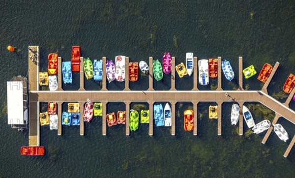 Aerial view, colourful pedal boats at a jetty on the Unterbacher See at the campsite north, Unterbach, Düsseldorf, Ruhr area, North Rhine-Westphalia, Germany, boats, DE, Europe, aerial view, aerial photography, aerial photography, overview, bird's-eye view, overview
