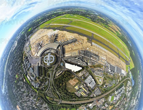 Aerial view, DUS Airport Düsseldorf with reception building and commercial area DUS Airport-City, earth globe, fisheye image, 360 degree image, tiny world, little planet, fisheye image, Unterrath, Düsseldorf, Ruhr area, North Rhine-Westphalia, Germany, terminal building, DE, reception building, Europe, fish-eye lens, fisheye lens, flight mission, airport, aircraft noise, airfield, aeroplane, runway, little planet, aerial photography, aerial photography, runway, super wide angle lens, tiny world, overview, bird's eye view, globe, birds-eyes view, fisheye lens, insta360 camera, overview