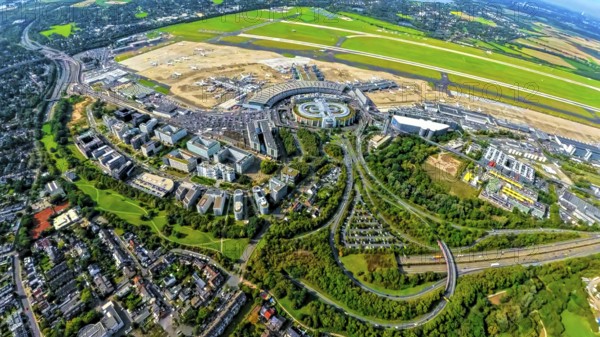Aerial view, DUS Airport Düsseldorf with reception building and commercial area DUS Airport-City, earth globe, fisheye image, 360 degree image, tiny world, little planet, fisheye image, Unterrath, Düsseldorf, Ruhr area, North Rhine-Westphalia, Germany, terminal building, DE, reception building, Europe, fish-eye lens, fisheye lens, flight mission, airport, aircraft noise, airfield, aeroplane, runway, little planet, aerial photography, aerial photography, runway, super wide angle lens, tiny world, overview, bird's eye view, globe, birds-eyes view, fisheye lens, insta360 camera, overview