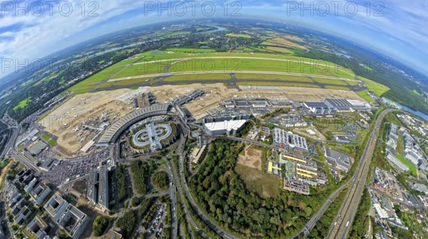Aerial view, DUS Airport Düsseldorf with reception building and commercial area DUS Airport-City, earth globe, fisheye image, 360 degree image, tiny world, little planet, fisheye image, Unterrath, Düsseldorf, Ruhr area, North Rhine-Westphalia, Germany, terminal building, DE, reception building, Europe, fish-eye lens, fisheye lens, flight mission, airport, aircraft noise, airfield, aeroplane, runway, little planet, aerial photography, aerial photography, runway, super wide angle lens, tiny world, overview, bird's eye view, globe, birds-eyes view, fisheye lens, insta360 camera, overview