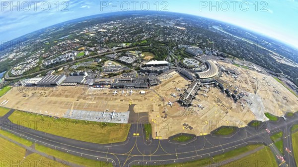 Aerial view, DUS Airport Düsseldorf with reception building and commercial area DUS Airport-City, earth globe, fisheye image, 360 degree image, tiny world, little planet, fisheye image, Unterrath, Düsseldorf, Ruhr area, North Rhine-Westphalia, Germany, terminal building, DE, reception building, Europe, fish-eye lens, fisheye lens, flight mission, airport, aircraft noise, airfield, aeroplane, runway, little planet, aerial photography, aerial photography, runway, super wide angle lens, tiny world, overview, bird's eye view, globe, birds-eyes view, fisheye lens, insta360 camera, overview