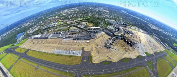 Aerial view, DUS Airport Düsseldorf with reception building and commercial area DUS Airport-City, earth globe, fisheye image, 360 degree image, tiny world, little planet, fisheye image, Unterrath, Düsseldorf, Ruhr area, North Rhine-Westphalia, Germany, terminal building, DE, reception building, Europe, fish-eye lens, fisheye lens, flight mission, airport, aircraft noise, airfield, aeroplane, runway, little planet, aerial photography, aerial photography, runway, super wide angle lens, tiny world, overview, bird's eye view, globe, birds-eyes view, fisheye lens, insta360 camera, overview