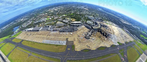 Aerial view, DUS Airport Düsseldorf with reception building and commercial area DUS Airport-City, earth globe, fisheye image, 360 degree image, tiny world, little planet, fisheye image, Unterrath, Düsseldorf, Ruhr area, North Rhine-Westphalia, Germany, terminal building, DE, reception building, Europe, fish-eye lens, fisheye lens, flight mission, airport, aircraft noise, airfield, aeroplane, runway, little planet, aerial photography, aerial photography, runway, super wide angle lens, tiny world, overview, bird's eye view, globe, birds-eyes view, fisheye lens, insta360 camera, overview
