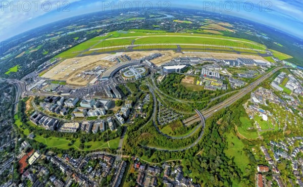 Aerial view, DUS Airport Düsseldorf with reception building and commercial area DUS Airport-City, earth globe, fisheye image, 360 degree image, tiny world, little planet, fisheye image, Unterrath, Düsseldorf, Ruhr area, North Rhine-Westphalia, Germany, terminal building, DE, reception building, Europe, fish-eye lens, fisheye lens, flight mission, airport, aircraft noise, airfield, aeroplane, runway, little planet, aerial photography, aerial photography, runway, super wide angle lens, tiny world, overview, bird's eye view, globe, birds-eyes view, fisheye lens, insta360 camera, overview