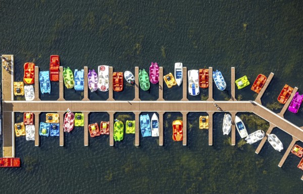 Aerial view, colourful pedal boats at a jetty on the Unterbacher See at the campsite north, Unterbach, Düsseldorf, Ruhr area, North Rhine-Westphalia, Germany, boats, DE, Europe, aerial view, aerial photography, aerial photography, overview, bird's-eye view, overview