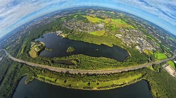 Aerial photo, Elbsee and Unterbacher See with forest area, motorway A46 at Hasseler Forst, earth globe, fisheye image, 360 degree image, tiny world, little planet, fisheye image, Hilden, Ruhr area, North Rhine-Westphalia, Germany, motorway, quarry pond, DE, Düsseldorf, Europe, fisheye lens, fisheye lens, little planet, aerial view, aerial photography, aerial photography, nature reserve, lake, road traffic, super wide angle lens, tiny world, overview, bird's eye view, globe, birds-eyes view, fisheye lens, green lung, insta360 camera, overview