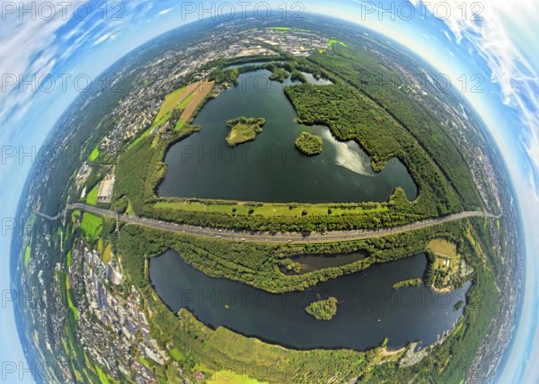 Aerial photo, Elbsee and Unterbacher See with forest area, motorway A46 at Hasseler Forst, earth globe, fisheye image, 360 degree image, tiny world, little planet, fisheye image, Hilden, Ruhr area, North Rhine-Westphalia, Germany, motorway, quarry pond, DE, Düsseldorf, Europe, fisheye lens, fisheye lens, little planet, aerial view, aerial photography, aerial photography, nature reserve, lake, road traffic, super wide angle lens, tiny world, overview, bird's eye view, globe, birds-eyes view, fisheye lens, green lung, insta360 camera, overview