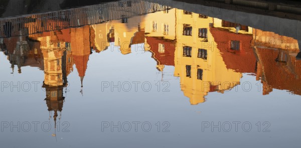 Waterfront promenade with reflection at sunrise in the Old Town, Motlawa River, Gdansk, Gdansk, Poland