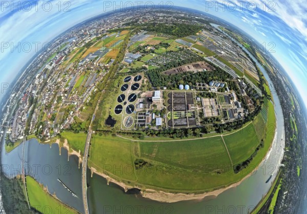 Aerial view, sewage treatment plant Düsseldorf-Süd Volmerswerth, earth globe, fisheye image, 360 degree image, tiny world, little planet, fisheye image, Hamm, Düsseldorf, Ruhr area, North Rhine-Westphalia, Germany, DE, Europe, fisheye lens, fisheye lens, sewage treatment plant, little planet, aerial photography, aerial photography, super wide angle lens, tiny world, overview, bird's eye view, globe, birds-eyes view, fisheye lens, insta360 camera, overview