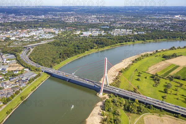 Aerial view, Fleher Bridge with bridge pylon over the river Rhine, inland navigation, motorway A46, Flehe, Düsseldorf, Ruhr area, North Rhine-Westphalia, Germany, motorway, bridge, DE, Europe, aerial view, aerial photography, aerial photography, ship, cable-stayed bridge, road traffic, overview, bird's-eye view, overview