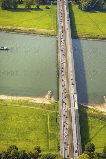 Aerial view, construction site and one-way trafficable Josef-Kardinal-Frings-Bridge over the river Rhine, federal road B1, Hammfeld, Neuss, Ruhr area, North Rhine-Westphalia, Germany, bridge, DE, Düsseldorf, Europe, river, aerial view, aerial photography, aerial photography, road traffic, overview, bird's-eye view, overview