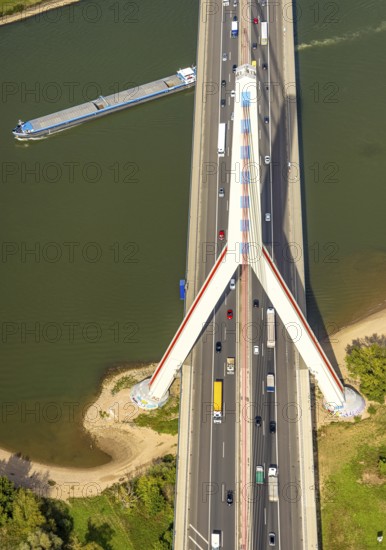 Aerial view, Fleher Bridge with bridge pylon over the river Rhine, inland navigation, motorway A46, Flehe, Düsseldorf, Ruhr area, North Rhine-Westphalia, Germany, motorway, bridge, DE, Europe, aerial view, aerial photography, aerial photography, ship, cable-stayed bridge, road traffic, overview, bird's-eye view, overview