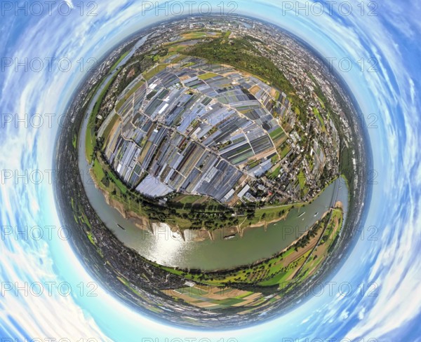 Aerial view, horticulture and agricultural use in the district of Volmerswerth, river Rhine, shapes and colours, earth globe, fisheye image, 360 degree image, tiny world, little planet, fisheye image, Volmerswerth, Düsseldorf, Ruhr area, North Rhine-Westphalia, Germany, DE, Europe, fisheye lens, fisheye lens, Little Planet, aerial photography, aerial photography, aerial photography, super wide angle lens, Tiny World, overview, bird's eye view, globe, birds-eyes view, fisheye lens, insta360 camera, overview