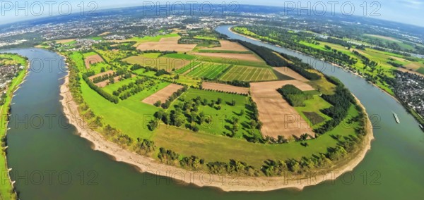 Aerial view, Himmelgeister Rheinbogen nature reserve, agricultural areas, river Rhine, earth globe, fisheye image, 360 degree image, tiny world, little planet, fisheye image, Uedesheim, Neuss, Ruhr area, North Rhine-Westphalia, Germany, DE, Düsseldorf, Europe, fisheye lens, fisheye lens, Little Planet, aerial photography, aerial photography, super wide angle lens, Tiny World, overview, bird's eye view, globe, meadows and fields, birds-eyes view, fisheye lens, insta360 camera, overview