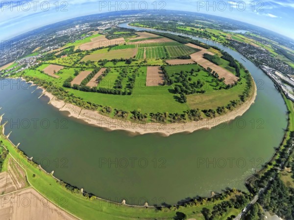 Aerial view, Himmelgeister Rheinbogen nature reserve, agricultural areas, river Rhine, earth globe, fisheye image, 360 degree image, tiny world, little planet, fisheye image, Uedesheim, Neuss, Ruhr area, North Rhine-Westphalia, Germany, DE, Düsseldorf, Europe, fisheye lens, fisheye lens, Little Planet, aerial photography, aerial photography, super wide angle lens, Tiny World, overview, bird's eye view, globe, meadows and fields, birds-eyes view, fisheye lens, insta360 camera, overview