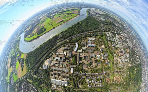 Aerial photo, Heinrich-Heine-University at the river Rhine, motorway A46 and Münchener Straße at Fleher Wald, globe, fisheye image, 360 degree image, tiny world, little planet, fisheye image, Bilk, Düsseldorf, Ruhr area, North Rhine-Westphalia, Germany, education, educational institution, DE, Europe, fisheye lens, fisheye lens, university, educational institute, Little Planet, aerial photography, aerial photography, aerial photography, super wide angle lens, Tiny World, overview, university, bird's eye view, globe, birds-eyes view, fisheye lens, insta360 camera, overview