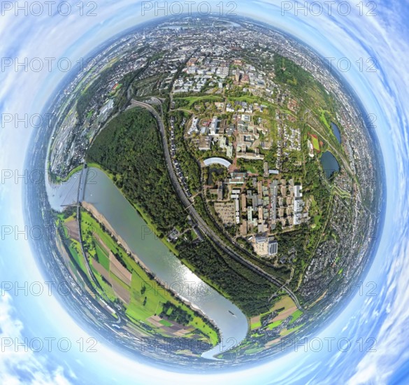 Aerial photo, Heinrich-Heine-University at the river Rhine, motorway A46 and Münchener Straße at Fleher Wald, globe, fisheye image, 360 degree image, tiny world, little planet, fisheye image, Bilk, Düsseldorf, Ruhr area, North Rhine-Westphalia, Germany, education, educational institution, DE, Europe, fisheye lens, fisheye lens, university, educational institute, Little Planet, aerial photography, aerial photography, aerial photography, super wide angle lens, Tiny World, overview, university, bird's eye view, globe, birds-eyes view, fisheye lens, insta360 camera, overview