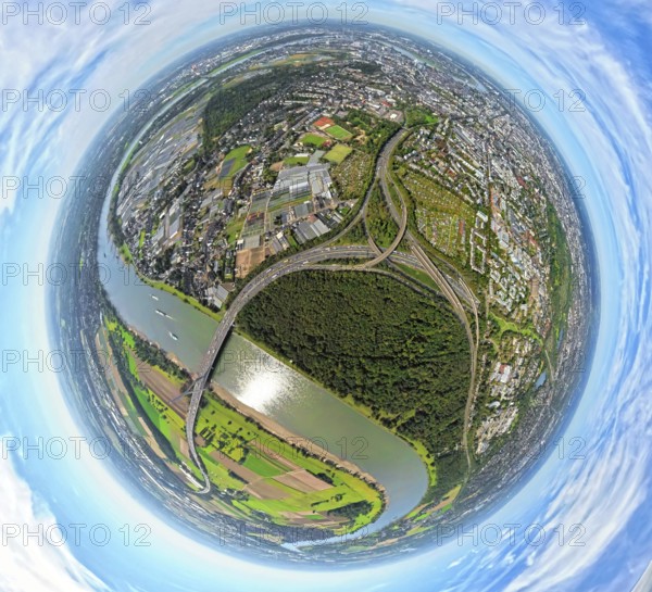 Aerial view, Fleher forest and motorway junction Düsseldorf-Bilk of the motorway A46, Fleher bridge over the river Rhine, globe, fisheye image, fisheye image, 360 degree image, tiny world, little planet, fisheye image, Flehe, Düsseldorf, Ruhr area, North Rhine-Westphalia, Germany, motorway, DE, Europe, fisheye lens, fisheye lens, little planet, aerial view, aerial photography, aerial photography, road traffic, super wide angle lens, tiny world, overview, bird's eye view, forest area, globe, birds-eyes view, fisheye lens, insta360 camera, overview