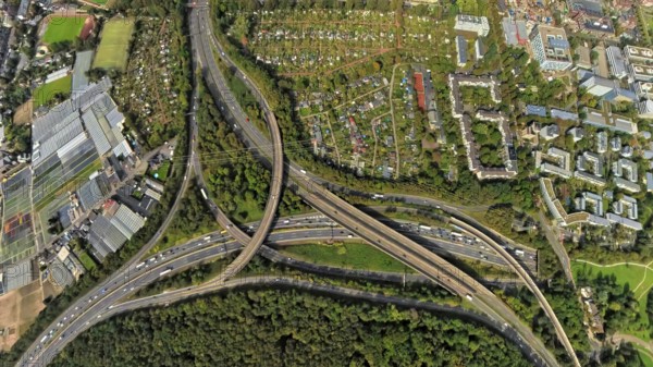 Aerial view, motorway junction Düsseldorf Bik, motorway A46 and Münchener Straße, globe, fisheye image, 360 degree image, tiny world, little planet, fisheye image, Flehe, Düsseldorf, Ruhr area, North Rhine-Westphalia, Germany, motorway, motorway junction, bridge, DE, Europe, fisheye lens, fisheye lens, Little Planet, aerial view, aerial photography, aerial photography, road traffic, super wide angle lens, Tiny World, overview, bird's eye view, globe, birds-eyes view, fisheye lens, insta360 camera, overview