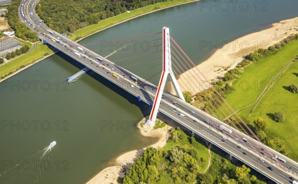 Aerial view, Fleher Bridge with bridge pylon over the river Rhine, inland navigation, motorway A46, Flehe, Düsseldorf, Ruhr area, North Rhine-Westphalia, Germany, motorway, bridge, DE, Europe, aerial view, aerial photography, aerial photography, ship, cable-stayed bridge, road traffic, overview, bird's-eye view, overview
