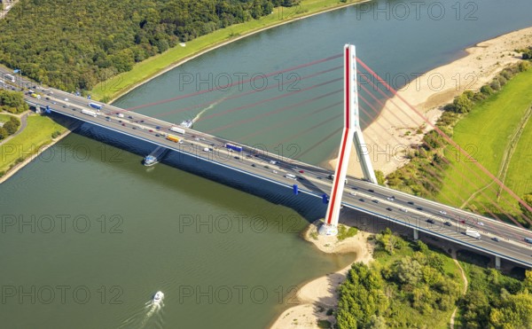 Aerial view, Fleher Bridge with bridge pylon over the river Rhine, inland navigation, motorway A46, Flehe, Düsseldorf, Ruhr area, North Rhine-Westphalia, Germany, motorway, bridge, DE, Europe, aerial view, aerial photography, aerial photography, ship, cable-stayed bridge, road traffic, overview, bird's-eye view, overview