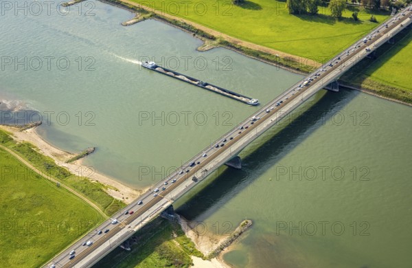 Aerial view, construction site and one-way navigable Josef-Kardinal-Frings-Bridge over the river Rhine, inland navigation, Hammfeld, Neuss, Ruhr area, North Rhine-Westphalia, Germany, DE, Düsseldorf, Europe, aerial view, aerial photography, aerial photography, overview, bird's-eye view, overview