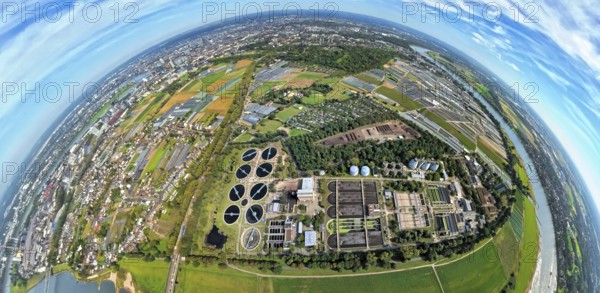 Aerial view, sewage treatment plant Düsseldorf-Süd Volmerswerth, earth globe, fisheye image, 360 degree image, tiny world, little planet, fisheye image, Hamm, Düsseldorf, Ruhr area, North Rhine-Westphalia, Germany, DE, Europe, fisheye lens, fisheye lens, sewage treatment plant, little planet, aerial photography, aerial photography, super wide angle lens, tiny world, overview, bird's eye view, globe, birds-eyes view, fisheye lens, insta360 camera, overview