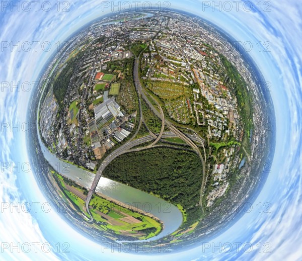 Aerial view, Fleher forest and motorway junction Düsseldorf-Bilk of the motorway A46, Fleher bridge over the river Rhine, globe, fisheye image, fisheye image, 360 degree image, tiny world, little planet, fisheye image, Flehe, Düsseldorf, Ruhr area, North Rhine-Westphalia, Germany, motorway, DE, Europe, fisheye lens, fisheye lens, little planet, aerial view, aerial photography, aerial photography, road traffic, super wide angle lens, tiny world, overview, bird's eye view, forest area, globe, birds-eyes view, fisheye lens, insta360 camera, overview