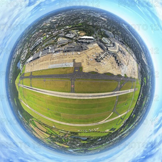 Aerial view, DUS Airport Düsseldorf with reception building and commercial area DUS Airport-City, earth globe, fisheye image, 360 degree image, tiny world, little planet, fisheye image, Unterrath, Düsseldorf, Ruhr area, North Rhine-Westphalia, Germany, terminal building, DE, reception building, Europe, fish-eye lens, fisheye lens, flight mission, airport, aircraft noise, airfield, aeroplane, runway, little planet, aerial photography, aerial photography, runway, super wide angle lens, tiny world, overview, bird's eye view, globe, birds-eyes view, fisheye lens, insta360 camera, overview