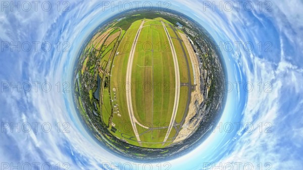 Aerial photo, DUS Airport Düsseldorf Airport with runway and landing strip, globe, fisheye image, 360 degree image, tiny world, little planet, fisheye image, Lohausen, Düsseldorf, Ruhr area, North Rhine-Westphalia, Germany, terminal building, DE, reception building, Europe, fisheye lens, fisheye lens, flight mission, airport, aircraft noise, airfield, runway, little planet, aerial view, aerial photography, aerial photography, runway, super wide angle lens, tiny world, overview, bird's eye view, globe, birds-eyes view, fisheye lens, insta360 camera, overview