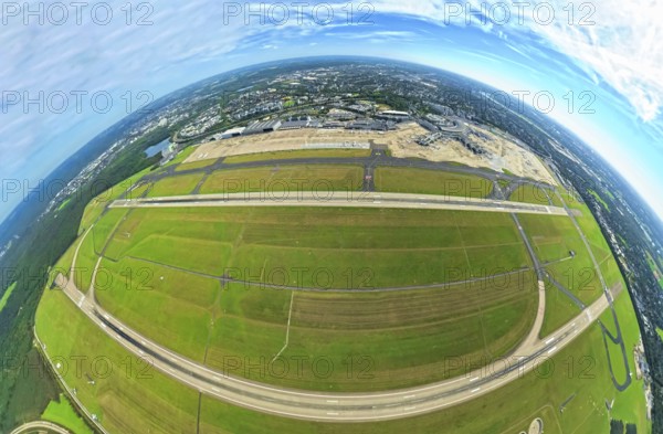 Aerial photo, DUS Airport Düsseldorf with runway and landing strip, globe, fisheye image, 360 degree image, tiny world, little planet, fisheye image, Lohausen, Düsseldorf, Ruhr area, North Rhine-Westphalia, Germany, terminal building, DE, reception building, Europe, fisheye lens, fisheye lens, flight mission, airport, aircraft noise, airfield, aeroplane, runway, little planet, aerial view, aerial photography, aerial photography, runway, super wide angle lens, tiny world, overview, bird's eye view, globe, birds-eyes view, fisheye lens, insta360 camera, overview